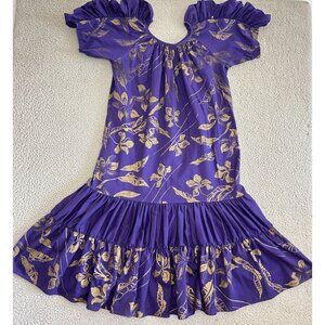 Hans Jutte Hawaii Muumuu Dress Puff Sleeve Purple Gold Ruffled